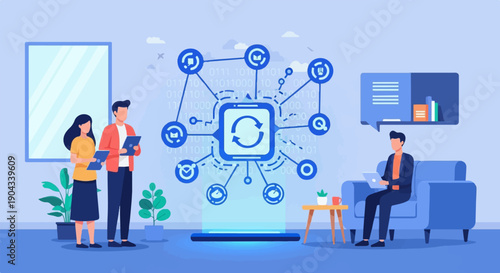 Colleagues collaborate on digital data analysis using technology