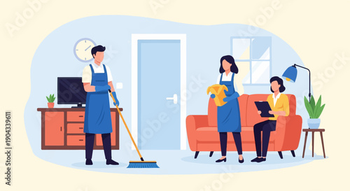 Cleaners tidying up a room with a man sweeping and two women holding cleaning supplies
