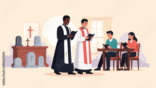 Clergy members lead a reading service for a couple at a table