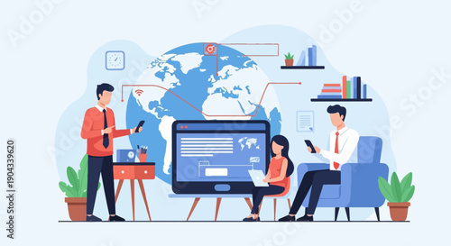 Colleagues collaborate on global technology projects around a laptop