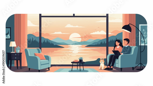 Couple and dog relax indoors with a scenic sunset view through large windows