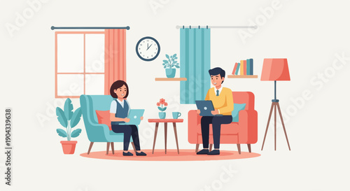 Colleagues collaborate on laptops in a cozy living room setting