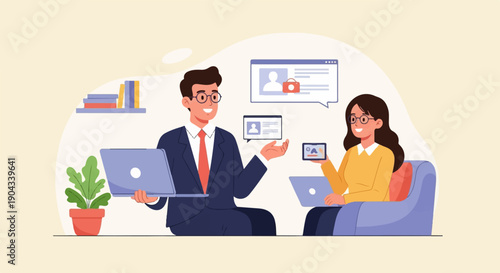 Colleagues collaborate on laptops and phone with online profile graphics