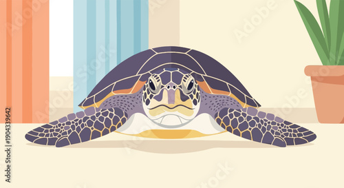 Close up cartoon turtle with patterned shell, facing forward indoors
