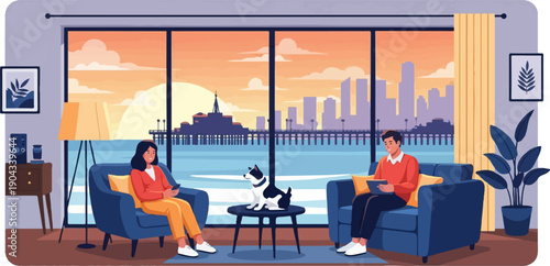 Couple and dog relax indoors with a scenic sunset ocean pier view
