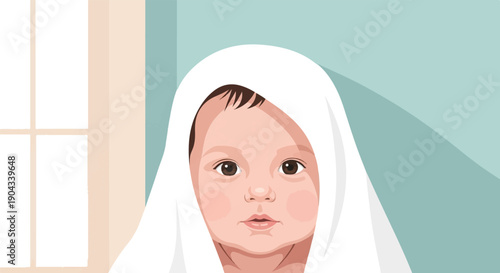 Close up of a baby's face wrapped in a white towel, looking forward