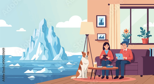 Couple and dog relax indoors with arctic icebergs visible outside