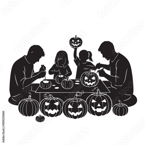 Family Carving Pumpkins Silhouette Halloween Craft Activity Vector