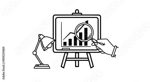 Vector illustration of hand holding magnifying glass over graph on screen, analysis or business concept, for presentation or website, isolated on transparent background, png