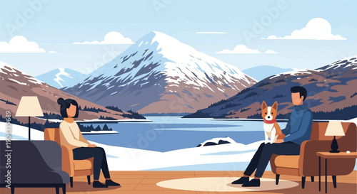 Couple and dog relax indoors with stunning snow-capped mountain and lake view