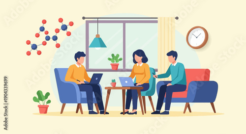 Colleagues collaborating on laptops in a bright, modern meeting space