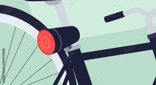 Close-up of a bicycle's front wheel, handlebars, and tail light