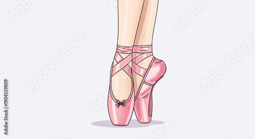 Close-up of a ballerina's feet in pink pointe shoes on tiptoes