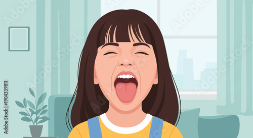 Close-up of a child with brown hair opening mouth widely, showing tongue