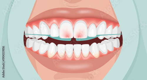Close-up of a mouth with dental floss cleaning teeth