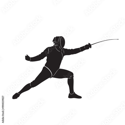 Fencer Silhouette Aggressive Lunge Stance Fencing Sport Black White Vector