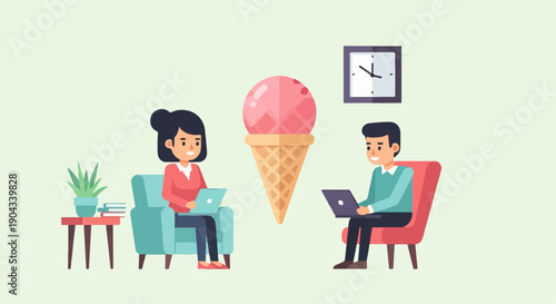 Colleagues working on laptops near a giant ice cream and clock