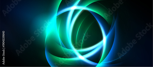 Abstract swirls, vibrant blue, green hues. Bright light radiates from center, dark background creates contrast. Dynamic energy flows.
