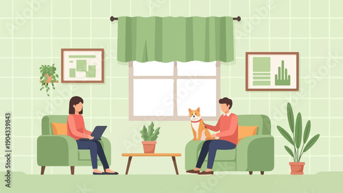 Couple and dog relaxing indoors with plants and art