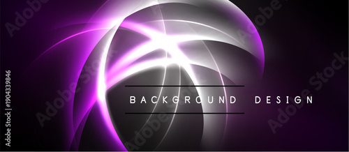 Abstract purple neon swirls create dynamic background. Bright light radiates from center, forming elegant design. Dark space surrounds glowing elements.
