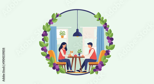 Couple and dog sit at a table with a plant and coffee, framed by greenery