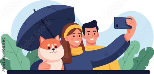 Couple and dog take a selfie under an umbrella with plants