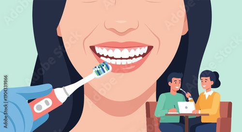 Close-up of a person's bright white smile, with a toothbrush, and a couple in the background