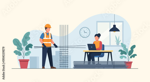 Construction worker and planner collaborating at a site office
