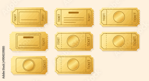 Collection of blank golden tickets with varied designs, some with circles