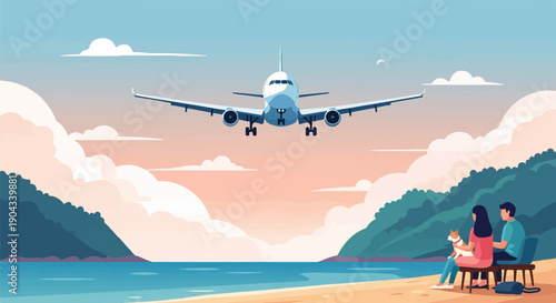 Couple and dog watch airplane approach a coastal landing