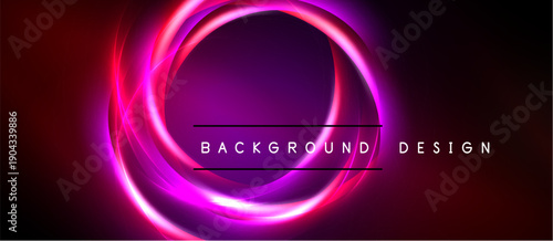 Vibrant neon circles overlap dark background. Pink, purple hues create dynamic visual effect. Text reads background design.