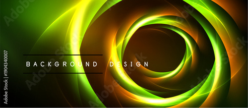 Abstract swirling lights create dynamic energy. Green, yellow, orange hues blend, forming circular patterns against dark backdrop. Modern design element.