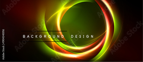 Abstract circular design. Vibrant colors blend, creating dynamic visual effect. Dark background emphasizes glowing layers. Modern, stylish presentation.