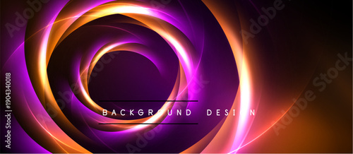 Abstract swirling lights create vibrant circular design. Purple, orange hues dominate dark background. Text reads background design.