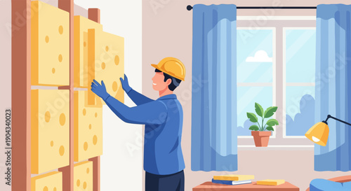 Construction worker installs yellow insulation panels in a room