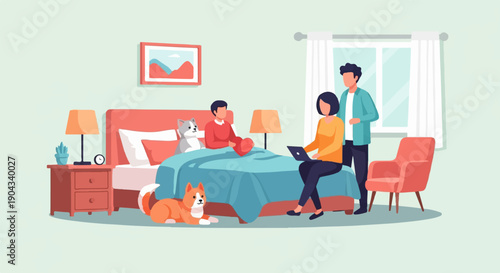 Couple and pets relax in bedroom with window and armchair