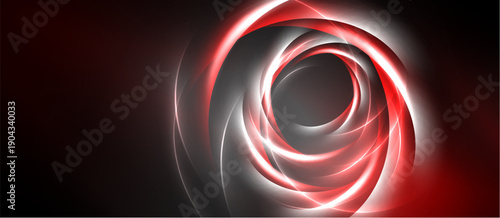 Abstract swirling red, white lines against dark background. Dynamic energy radiates from central point, creating visual impact.
