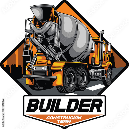 Concrete mixer truck mascot logo in a diamond frame with retro detailed style for cement and construction services