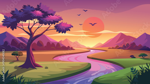 Twilight serenity along a winding river with a lone purple tree and distant mountains