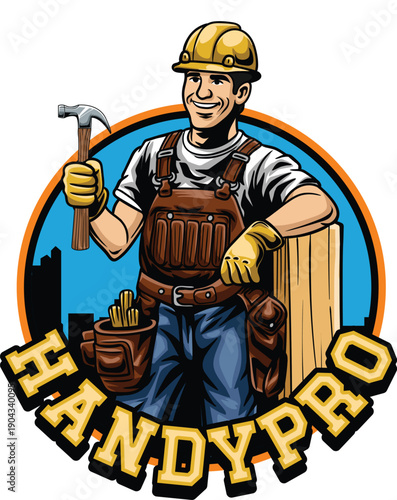 riendly handyman mascot holding a hammer and wearing a tool belt in a circular retro detailed badge