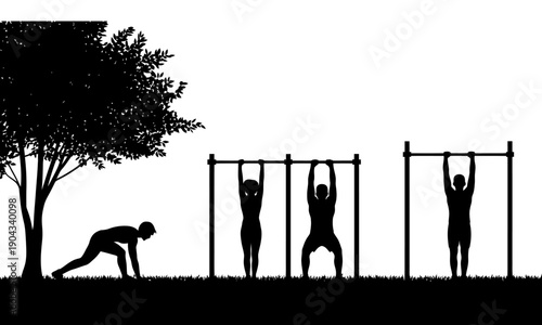 silhouette of people exercising outdoors with pull up bars and tree  fitness and workout