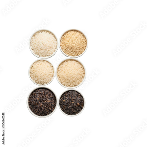 Six bowls of different types of rice isolated on transparent background