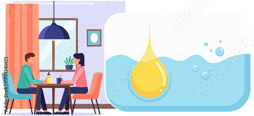 Couple at table, yellow drop falling into water