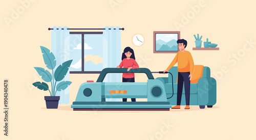 Couple cleaning living room floor with vacuum cleaner near sofa