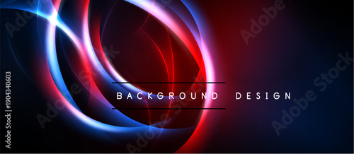 Abstract neon lights create dynamic curves, vibrant reds, blues, pinks over dark background. Modern design element.
