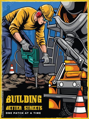 Detailed retro illustration poster of a worker using a jackhammer for road maintenance and street repair department