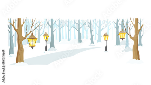 Lanterns light a snowy path through winter woods high resolution photo

