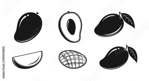 Mango Fruit Icons Set: Whole, Sliced, Halved, and Diced