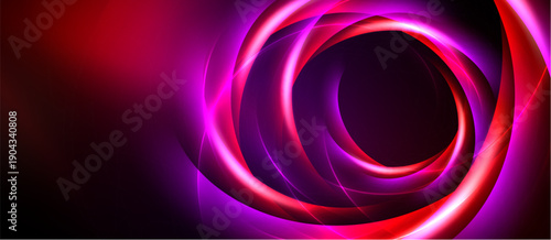 Abstract swirls, vibrant pinks, deep reds create dynamic energy. Dark background emphasizes glowing circular forms, modern design.