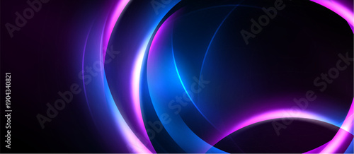 Abstract neon lights create dynamic curves, vibrant purple, blue hues. Dark background emphasizes glowing shapes, modern design elements.